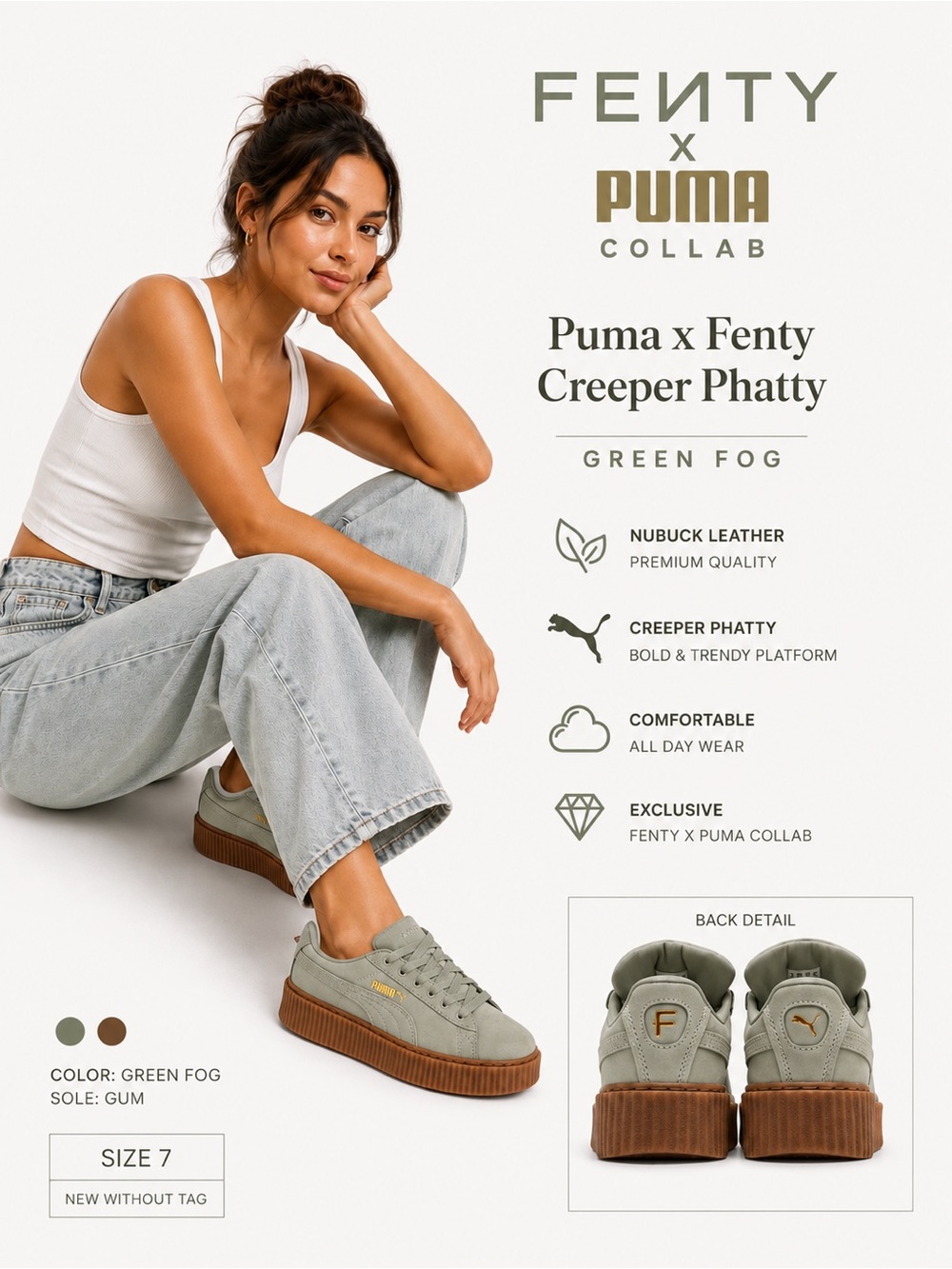 Puma x Fenty Creeper Phatty Nubuck leather sneakers in Green Fog Rihanna size 7